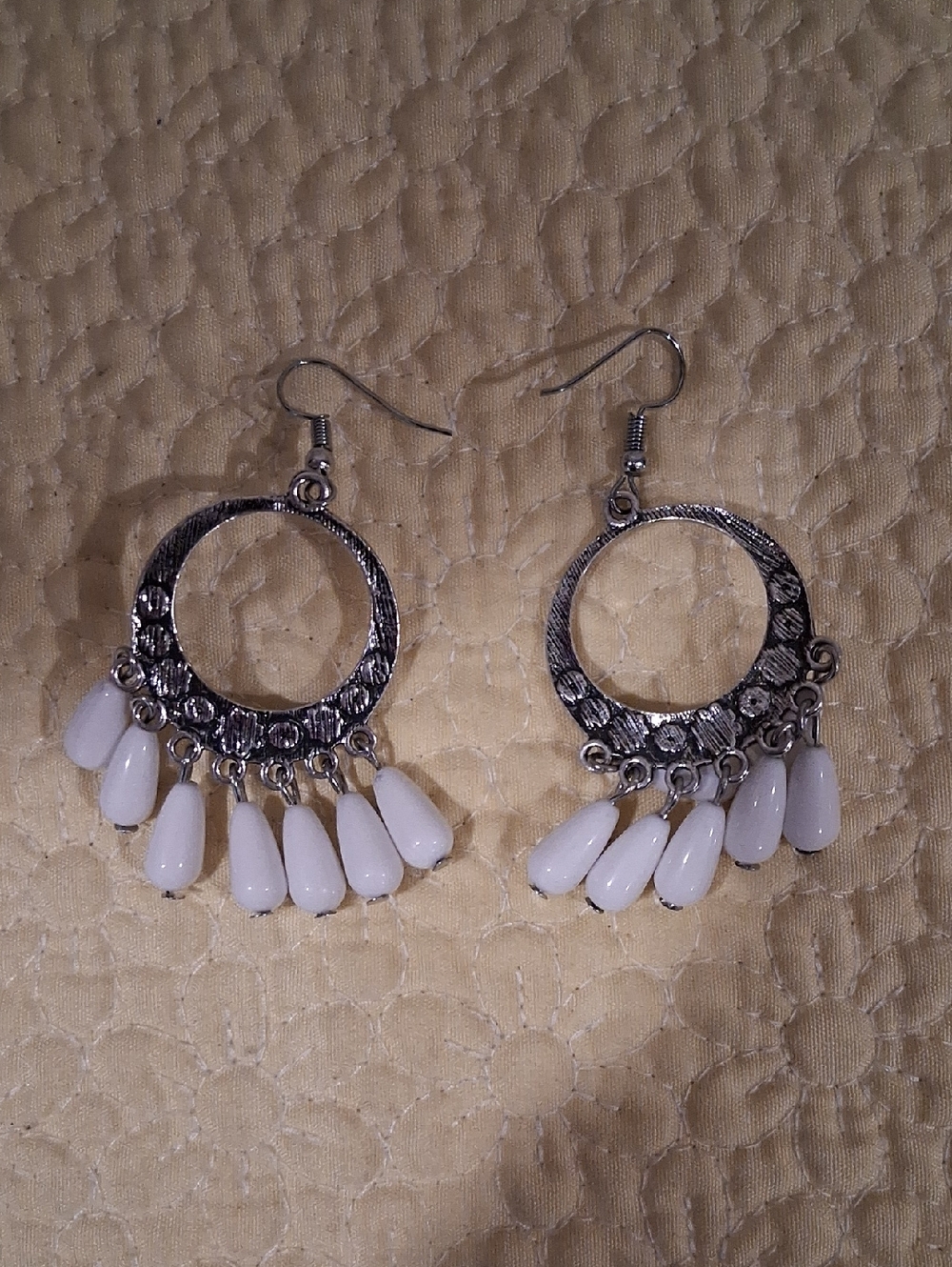 Silver-Tone Hoop Earrings with White Teardrop Beads